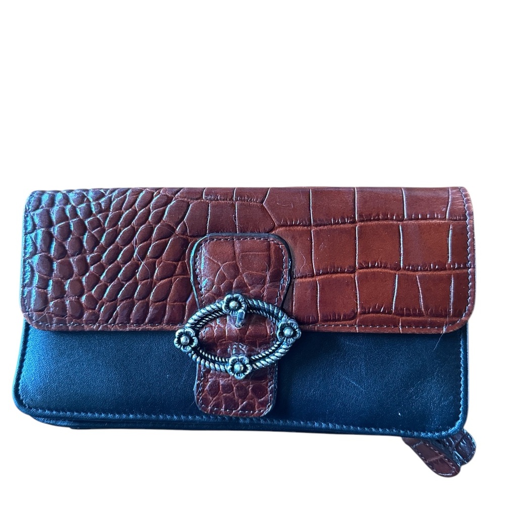 Sierra Valley Two-Tone Leather Clutch Silver Embellishment Many Compartments